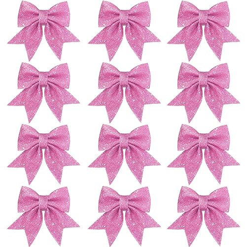 FGen 12 Stück Weihnachtsschleifen, 12x15cm Weihnachtsbaum Bögen, Glitzer Schleifen Weihnachtsdeko, für Weihnachtsbaum, Weihnachtskranz, Geschenk Dekoration, Hochzeit (Pink)