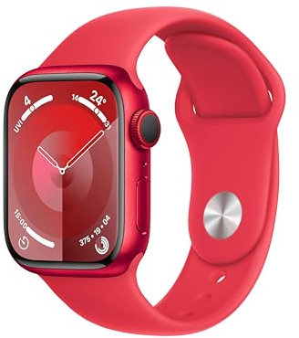 Apple Watch Series 9 (41 mm GPS + Cellular) Smartwatch avec boîtier Aluminium et Bracelet Sport (Product) Red (S/M). Suivi de l’activité Physique, apps Oxygène sanguin et ECG, résistance à l’Eau