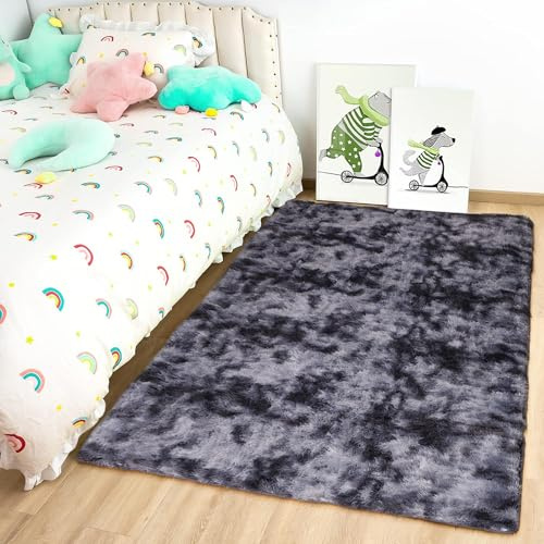 Oxford Homeware Rugs Living Room Small 50x80 CM – Tie-Dye Dark Grey Area Rugs for Bedroom Anti Slip – Modern Super Soft Plush Carpets Fluffy Shaggy Rug for Lounge – Non Shedding Kids Bedside Rug