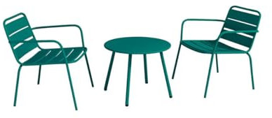 Vente-unique-Garten-Sitzgruppe: 2 niedrige, stapelbare Sessel + Beistelltisch rund - Metall - Blau - MIRMANDE von MYLIA