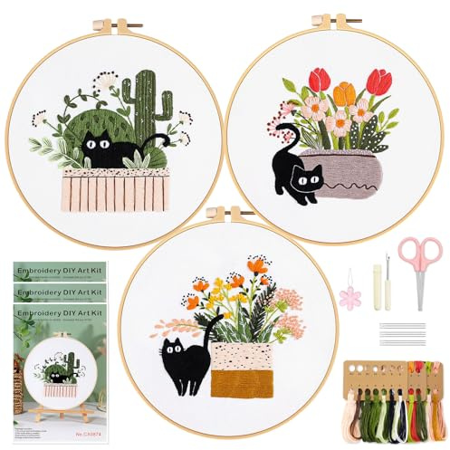 WIVLAX Embroidery Kit for Adults Beginners 3PCS, DIY Stitch Craft Set with Cat Pattern, Hoop, Thread & Needles, Starter Hand Flower Embroidery Kits for Adults, Sewing Gift Set for Women & Teens