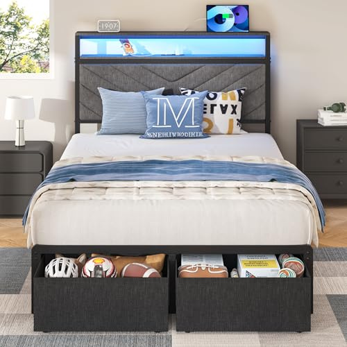 HISOFT Twin Bed Frame with Charging Station, LED Lights & 2 Storage Drawers, Grey Platform Bed with Upholstered Headboard, Under-Bed Storage, No Box Spring Needed, Easy Assembly, Strong Metal Support