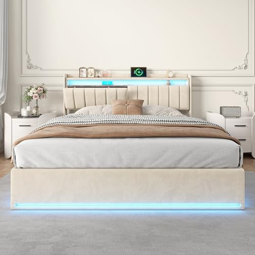 BRYXR Lit capitonné 160 x 200 cm, avec espace de rangement et sommier à lattes, lit double, avec chargement USB Type-C, espace de rangement hydraulique et LED, tête de lit, lit d'adolescent