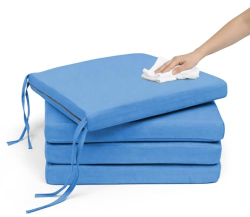 Pack 4 Cojín para silla 45x45x5 cm｜Repelente al agua y fácil de limpiar｜Con cintas de sujeción｜Funda con cremallera desmontable｜Uso interior y exterior｜Ideal para comedor, terraza, jardín u oficina