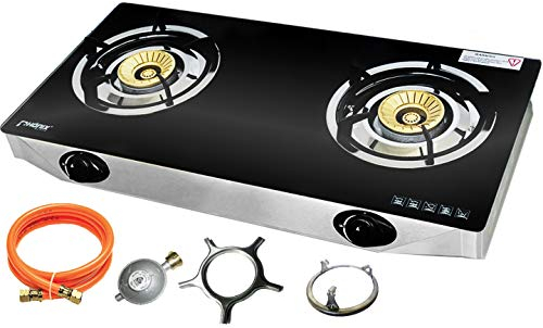 Phönix PS2 Gaskocher 2 flammig Propan 8 KW Glas Kochfeld Gasherd mit Zündsicherung inkl. Gasschlauch-Regler Set