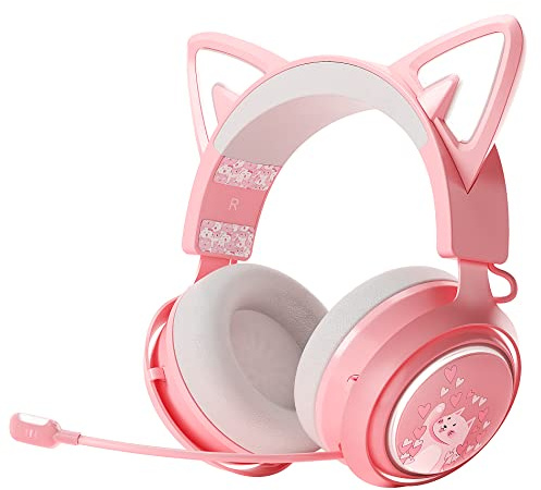 EASARS Wireless Cat Ear Headphones, Pink Gaming Headset Bluetooth 5.0 for Smartphone, Retractable Mic, 50mm Drivers, RGB Lighting Headset with Mic (USB Dongle Not Included)