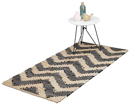 Relaxdays Läufer, Zick-Zack, 70 x 140 cm, Baumwolle & Jute, rutschfest, handgewebt, Diele & Flur, Teppich, beige-schwarz