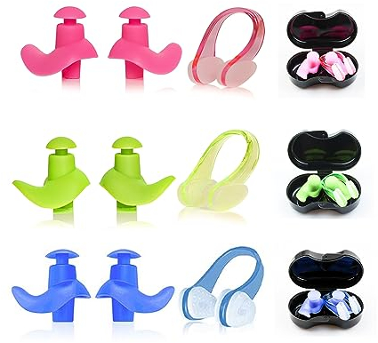 JSRHEEM ohrenstöpsel Schwimmen，3 Paar Wiederverwendbare Silikon-Ohrstöpsel und Nasenklammer zum Schwimmen,geeignet für Erwachsene und Kinder (DREI -Stück -Set- blau grünes Pulver)