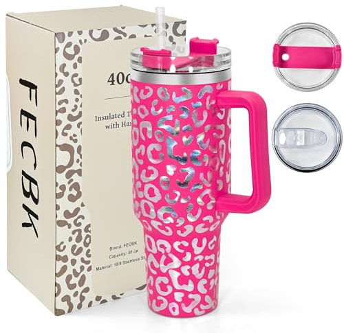 FECBK Mug Isotherme avec Paille et Poignée 1.2L, Tasse Isotherme 100% Anti-fuite, 34 Heures Froid, 12 Heures Chaud, Gobelet en Acier Inoxydable, Lavable au Lave-Vaisselle, Léopard Hot Pink