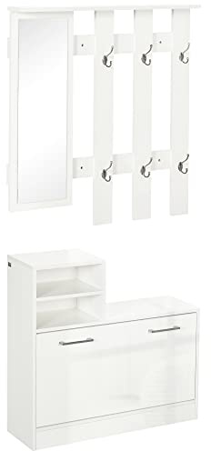 HOMCOM Set da ingresso con appendiabiti a specchio e portascarpe Mobili da ingresso con 6 ganci e ripiani per 8 paia di scarpe Bianco brillante