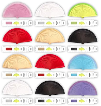 H.U.S.L® 12 Abanico madera liso colores, 12 Piezas Abanicos de Madera Natural, Abanicos para Bodas, Abanicos Plegables de Mano, Abanicos de Mano Boda Plegables, Semana Santa (23cm_Multicolor)