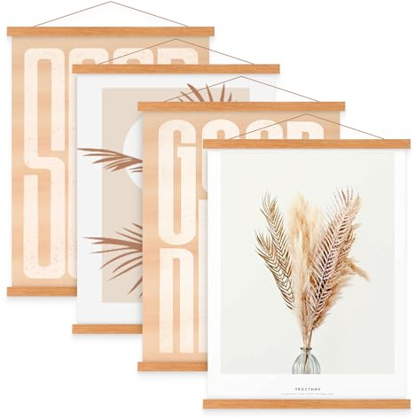 Benjia Set med 4 magnetiska affischskenor, magnet, A3, 30 x 40 affischram, trä, affischlist, för tryck, konstverk (30 cm, teak, 4 förpackningar)