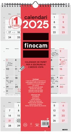 Finocam - Calendario Neutro de Pared para Escribir 3 Meses Vista 2025 Mes Vista Enero 2025 - Diciembre 2025 (12 meses) Catalán