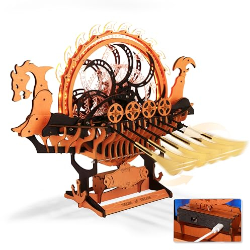 ROBOTIME Holzpuzzle Erwachsene Modellbausatz Schiff, 3D Puzzle Holz Holzpuzzle Erwachsene, Wikingerschiff mit Motor und LED-Leuchten, Mechanischer Zahnradantrieb, Geschenke Drachenschiff LK802