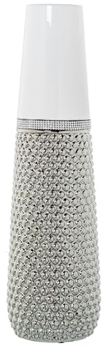DRW Jarron de Suelo de Ceramica Blanco y Plateado con Brillantes 14x14x50cm