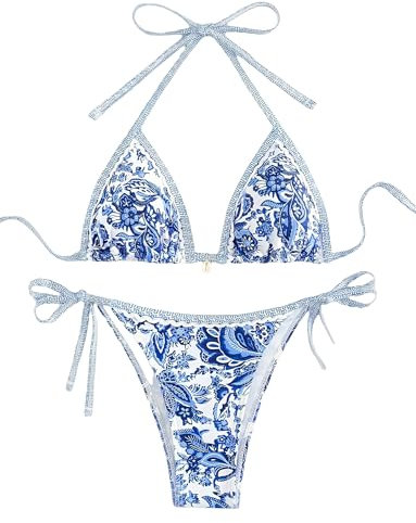 Happy Cherry 2-Teiliges Bikini-Set für Damen Neckholder-Badeanzug Schnürung Muschelverzierung Niedriger Taille Badeanzug Blau S