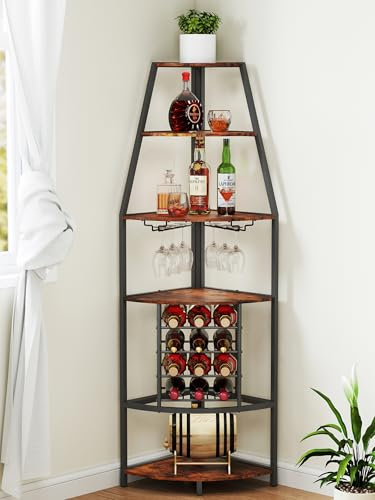 Nisorpa Wine Racks für 12 Flaschen 5-Tier Eck-Weinregal mit Glashalter & Weinaufbewahrung Weinregal Freistehender Vintagebraun-Schwarz