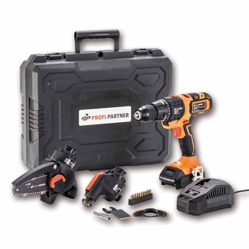 Profi-Partner 18V Multifunktionswerkzeug-Set mit 3 Aufsätzen – 4-in-1 / Akku-Bohrschrauber, Multitool, Mini-Kettensäge, Schnellwechsel-System, Zubehör & Koffer