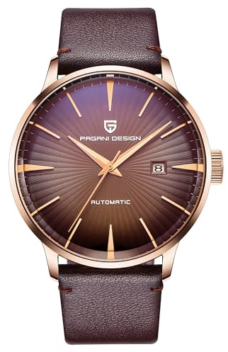 TYBERLEY Pagani Design PD2770 - Reloj mecánico automático para hombre, acero inoxidable, correa de piel, impermeable, simple, para negocios, deportes, marrón (Brown-Leather), Correa