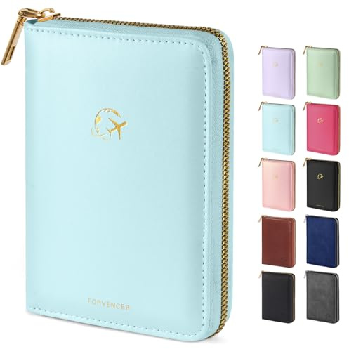 Forvencer Passport Holder Cover with Safe Zipper Closure, Premium Passport Wallet for Travel, Cute RFID Blocking Card Case, Waterproof Travel Accessories for Women, Light Blue