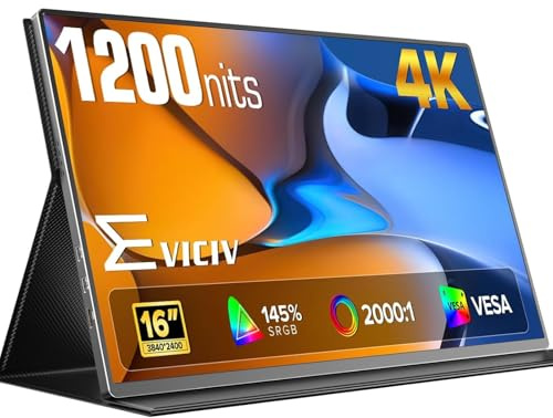 EVICIV 4K Portable Monitor, 16 IPS External Screen for Travel, UHD Portable Screen w/Smart Cover & Speakers, USB-C Mini HDMI External Screen, Compatible with PS3/4/5/Xbox/Switch/Laptop/PC/Phone