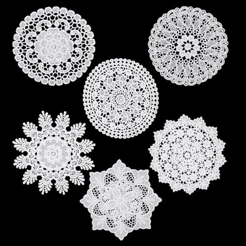 Crochet Dollies for Tables, 6 Pcs 6 Inch Cotton Lace Doilies Handmade White Lace Coasters Vintage Round Laces Placemats Cloth Table Doilies for Kitchen Dining Room Party Dressers Vase Decoration