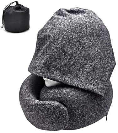 TWSOUL Cuscino cervicale aeroplano, cuscino da viaggio con cappuccio, cuscino cervicale per adulti, cuscino cervicale in memory foam, cappuccio pieghevole per ufficio e sonno laterale (nero)