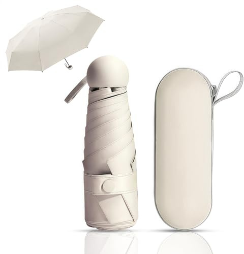 Coztie Kompakter Regenschirm, 6 Rippen Taschenschirm mit Kapsel Fall, Mini Reise Regenschirm Falten Reise für Männer Und Frauen (Biene Weiß)