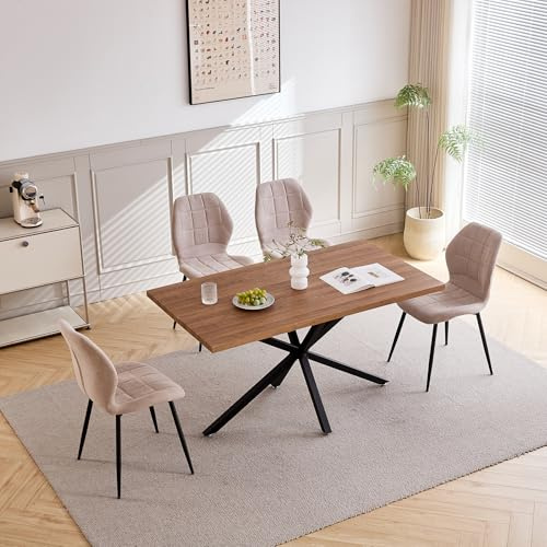GrandCA HOME Juego de Mesa y Sillas de Comedor, Mesa de Comedor Rectangular 140 * 78 * 77cm, 4 Sillas de Comedor Ttapizadas, Juego de Muebles de Cocina de 5 Piezas (Oscuro + Beige)