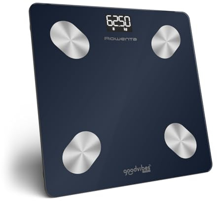 Rowenta Goodvibes Life+ 2.0, Bilancia con Schermo LED Facile da Leggere, Capacità 180 kg, Misura 15 Indicatori Corporei, Design Eleganti, Utenti Illimitati, Colore Wanted Blue, BR9720