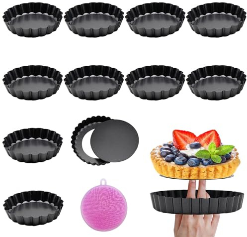 LIULINY 12 Pcs Molde Quiche Desmontable Base, Moldes Antiadherentes para Quiche y Tartaletas 3 Pulgadas/8 Cm, Molde para Tartelette de Acero al Carbono para Tartas Pequeñas para Hacer Quiches Tartas