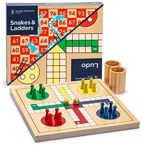 Yellow Mountain Imports 2-in-1 Reversible Wooden Snakes and Ladders, Ludo Game Set - 29 centimeters