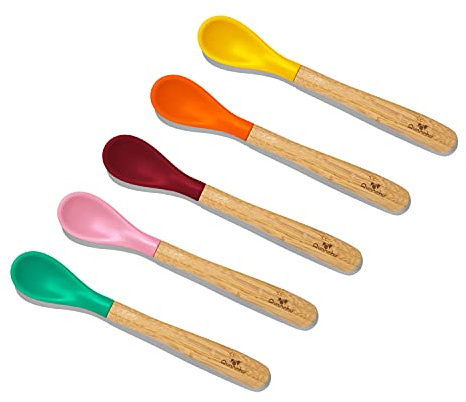 Avanchy Bamboo & Silicone Infant Training Spoons, BPA Free - Soft Tip, Easy on Gums, First Stage Feeding Utensils for Baby-Led Weaning, Self-Feeding, Assorted w/Pink