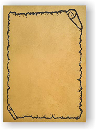 Foglie con effetto anticato, per diplomi, pergamene e tesori. - 25 fogli con cornice pergamena - Effetto ingiallito fronte/retro - formato A4 - grammatura 90 g