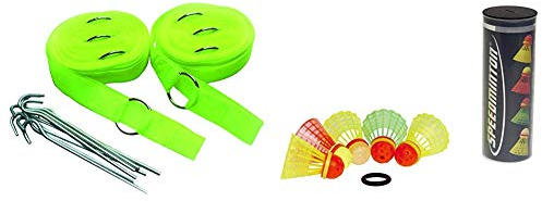 Speedminton® Easy Court Pro - Spielfeld für Badminton/Crossminton Mix Speeder - 5er Pack Bälle Gemischt inkl. Windring