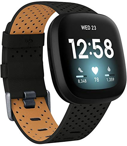 Strap Compatible with Fitbit Versa 3 / Fitbit Sense Strap Leather, Genuine Leather Replacement bands Compatible with Versa 3, Women Man (Small, Black)