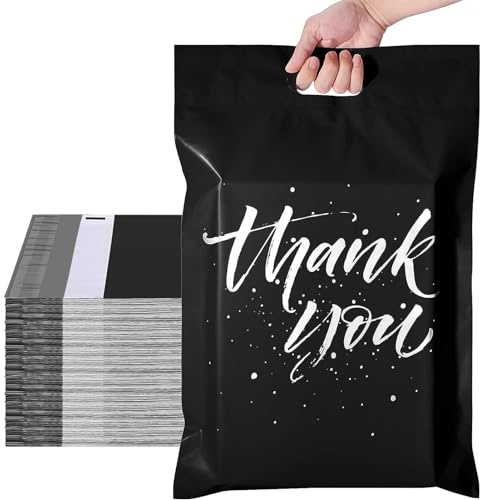Metronic Thank You Poly Mailers 12x15.5 100 Pcs, Easy to Carry Shipping Bags with Handle, Self Seal Mailers Poly Bags for Small Business Packing and Shipping, Cute Package Bags Mailing Bags, Black