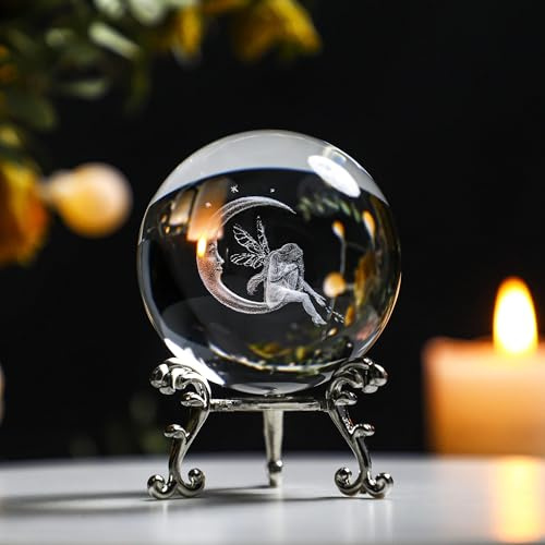 ZEERSHEE 60mm Glass Ball with Stand Moon and Fairy Crystal Paperweights