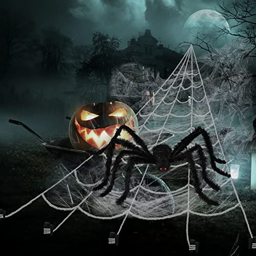 PUHPIG 200 Halloween Spider Web + 59 Giant Spider Decorations, Triangular Huge Spiders Web and Hairy Scary Fake Spider, for Indoor Outdoor Porch Yard, Scary Haunted House Party, and Halloween Décor