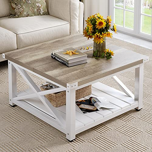 YITAHOME Farmhouse Coffee Table - Square Wood Design with Storage, Grey Wash Finish - Vintage Center Table for Living Room