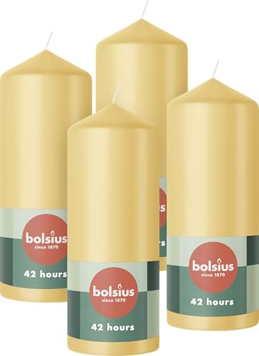 Bolsius Candele a colonna, colore beige, confezione da 4, 15 x 6 cm, candele decorative per la casa, lunga durata di 42 ore, inodore, cera vegana naturale, senza olio di palma
