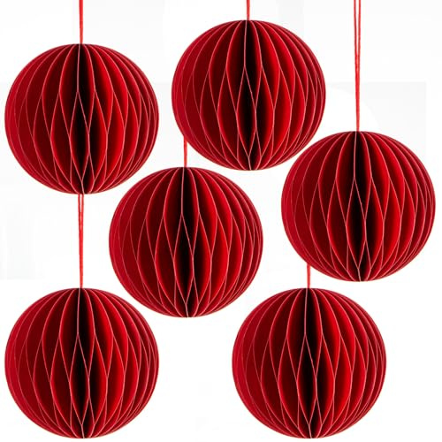 Decorazioni natalizie da appendere honeycomb, 6 pezzi: palline carta rosse 8 cm per albero di Natale, ornamenti piccoli Avvento, pendenti tondi per addobbi e regali