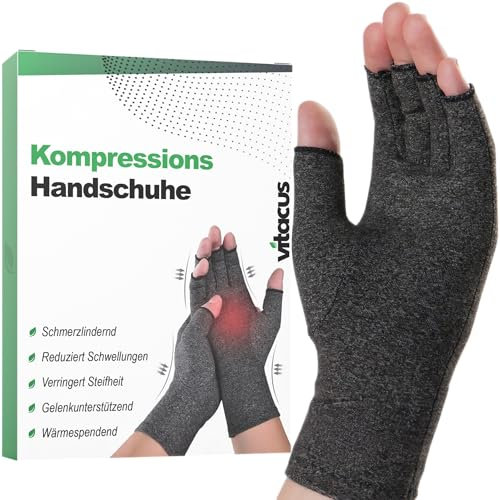 vitacus Kompressionshandschuhe für Arthritis – Arthrose Handschuhe für Damen & Herren – Fingerlose Handschuhe für den Alltag zur Schmerzlinderung und Gelenkunterstützung - 1 Paar, Grau (Größe M)