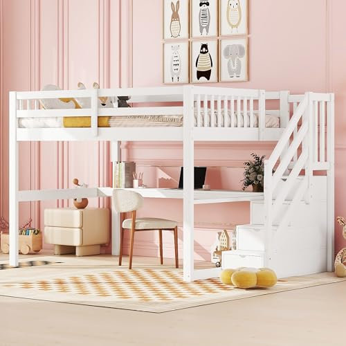 Generisch Cama alta de 140 x 200 cm con cajones de almacenamiento y escritorio bajo la cama de madera de pino blanco, ideal para habitación infantil, cómoda, funcional y ahorra espacio.