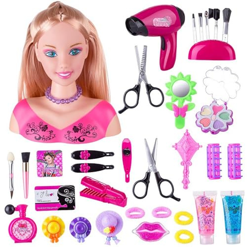 HoveeLuty Ensemble de 35 têtes de poupée pour Coiffure et Maquillage, Ensemble d'accessoires, tête poupée colorée et réaliste pour Filles, Jeu Simulation, Cadeau d'anniversaire ou Noël, Style 2 po