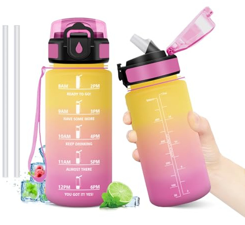 Borraccia 500ml, Borraccie con Cannuccia, Borraccia Palestra con Indicatore del Tempo, Bottiglia Acqua Riutilizzabile, senza BPA, A Prova di Perdite, Bottiglia Sport per Bambini, Studenti, Ufficio