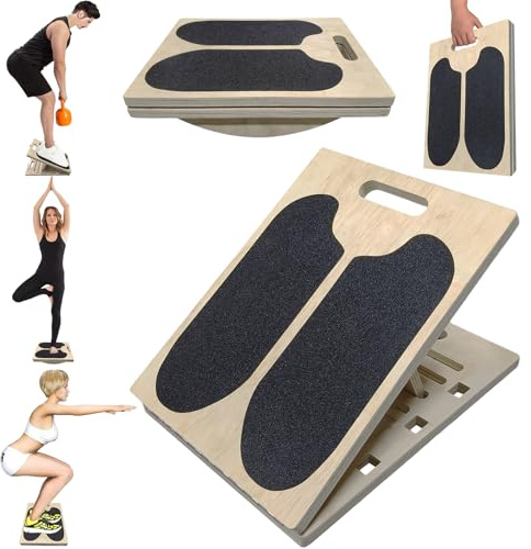 Jinsihou 2-in-1 Wooden Balance Board & Slant Board, Non-Slip Calf & Hamstring Stretcher, Adjustable Incline Ramp for Heel Elevated Squat, Deadlift, Yoga, Pilates, Physical Therapy, Balance Training