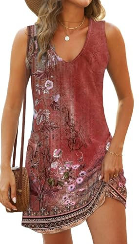 Yutdeng Vestido Corto Mujer Verano Vestido Tirantes con Bolsillos Cuello V Casual Elegantes Vestidos Playeros sin Mangas Estampado Floral Camisolas Boho Sueltos Vestido de Playa Mujer,Rojo Vino,XXL