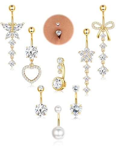 JeryWe 8Pcs Piercing Nombril Acier Inoxydable Pour Femmes Lot Anneaux Nombril Hypoallergéniques 14G Zircone Cubique Kit Piercing Anneau Bijoux Femme Pendants Or/Argent