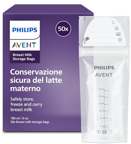 Philips Avent Sacchetti per latte materno - Presterilizzati, per conservare e congelare il latte materno, senza BPA, ermetici, facili da usare, 180 ml, confezione da 50 pezzi, SCF603/50